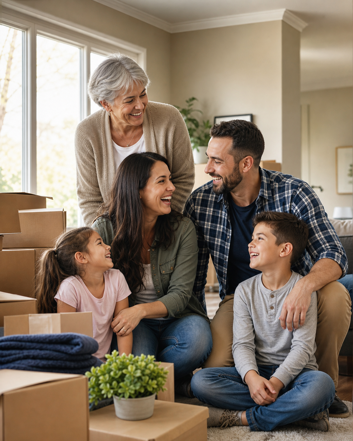 A happy multigenerational family together in their new home surrounded by moving boxes