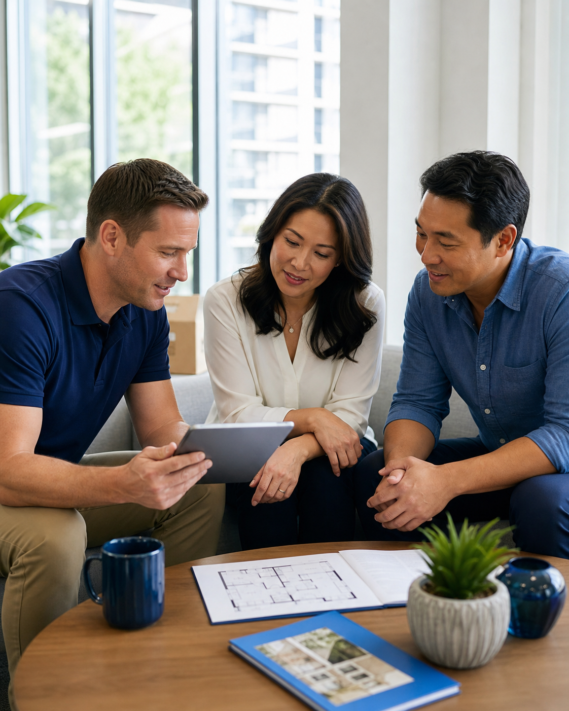 A relocation advisor reviewing a moving plan with clients