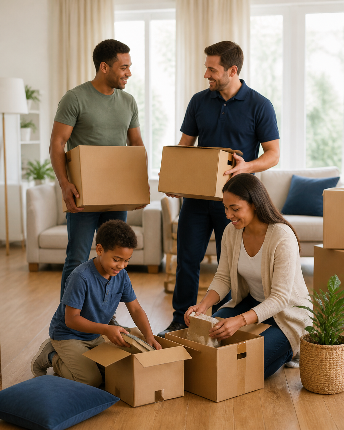A family settling into their new home with a professional mover