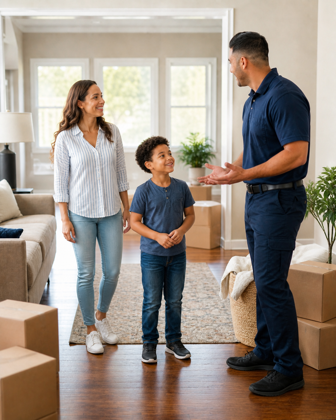 Family moving into their new home with help from a professional mover