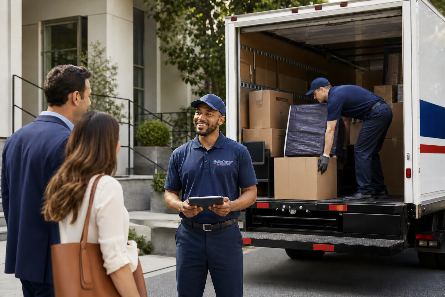 A moving professional helping a business couple with their relocation