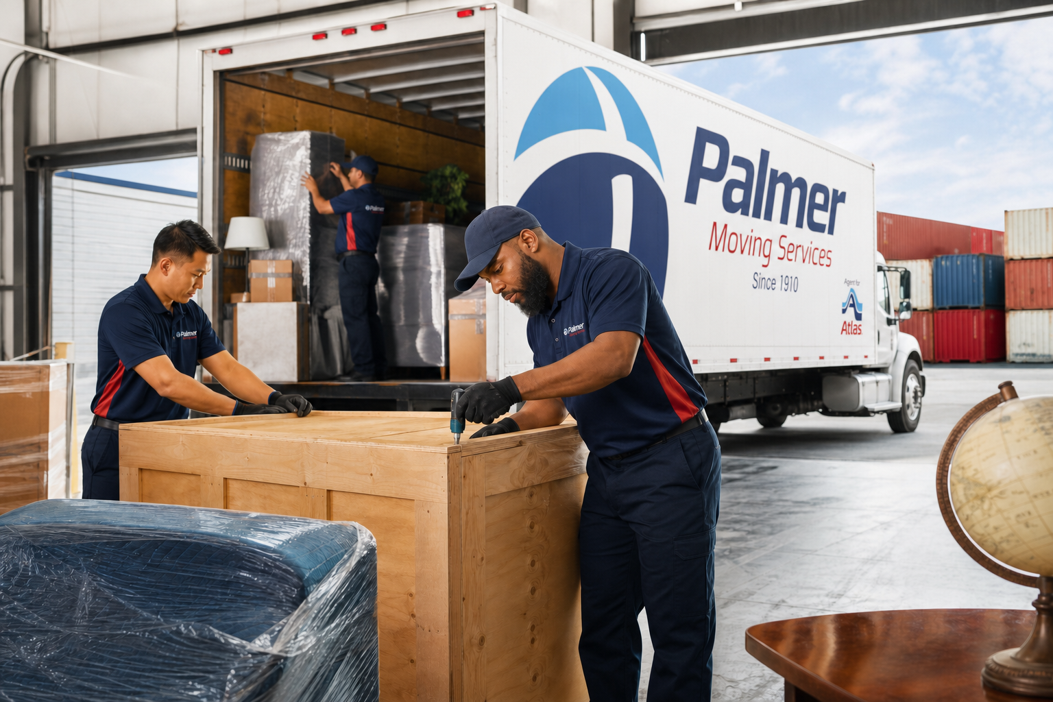 Palmer moving professionals preparing a wooden shipping crate beside a Palmer Moving Services truck near freight containers