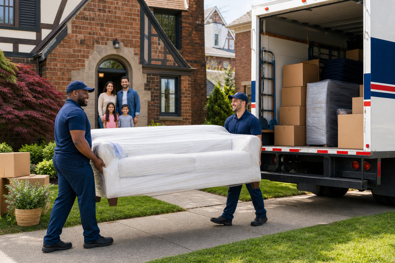 Professional movers carrying a protected sofa from a family home to a moving truck